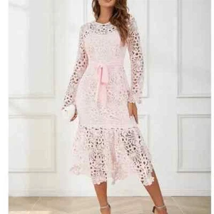 Luxe Floral Lace Belted Mermaid Hem Summer Formal Wedding Guest Dress - Picture 1 of 4