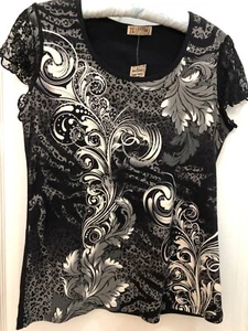 T-shirt maglietta grafica manica corta pizzo scintillante nero Blue Canyon taglia M nuova con etichetta - Foto 1 di 6