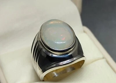 Anel pesado masculino natural 10 quilates opala de fogo etíope prata esterlina 925 feito à mão - Imagem 1 de 4