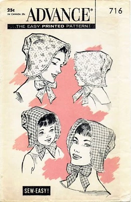 Vintage Advance #716 Mother Daughter BONNET Hat Fabric Sewing Pattern GIRLS Head - Image 1 of 2