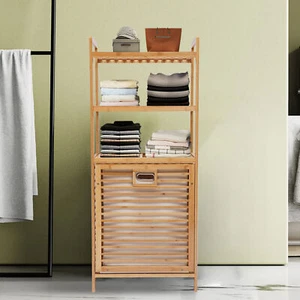 Laundry Hamper Bamboo Bathroom Cabinet Organizer 4 Tier Shower Caddy Shelf Rack - Picture 1 of 14