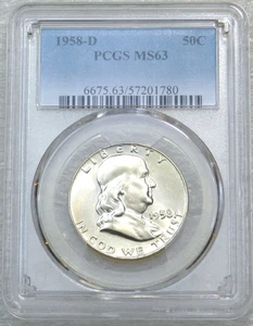 1958-D Franklin Half Dollar PCGS MS63 90% FBL Frosty & Bright Luster #D191F - Picture 1 of 2