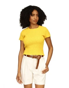 MICHAEL MICHAEL KORS Damen Rundhals Crinkle gesmoktes Top Größe M Farbe Gelb  - Bild 1 von 6
