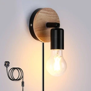 Plug in Wall Lights w/ Switch Wall Lights Indoor Wood Wall Light 360° Rotatable - Picture 1 of 7
