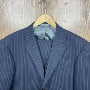 Oscar De La Renta 2 Piece Suit Mens 46R 40x30 Navy Blue Striped 100% Wool - Picture 1 of 19