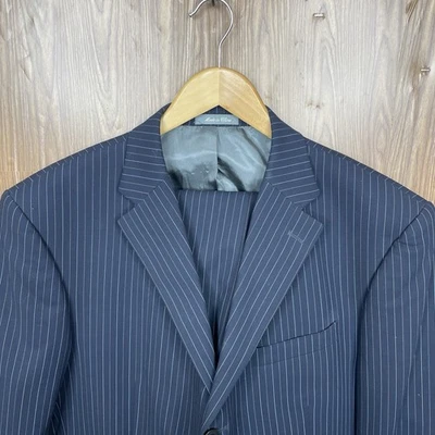 Oscar De La Renta 2 Piece Suit Mens 46R 40x30 Navy Blue Striped 100% Wool - Image 1 of 4