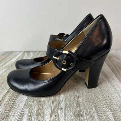 Туфли на каблуках Nine West черная кожа Mary Jane насос Madeline ретро 7 с золотой пряжкой - Изображение 1 из 4