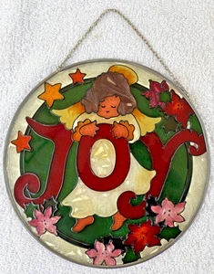 Vintage Joan Baker Stained Glass Sun Catcher Hand Painted Christmas Joy 7". - Picture 1 of 8