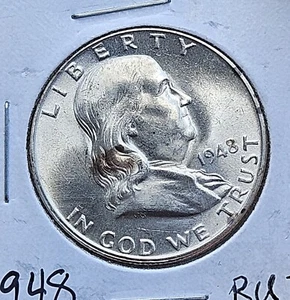 Medio dólar Franklin 1948 50C Bu, líneas de campana completas FBL, tonificado, 90 % plata - Imagen 1 de 8