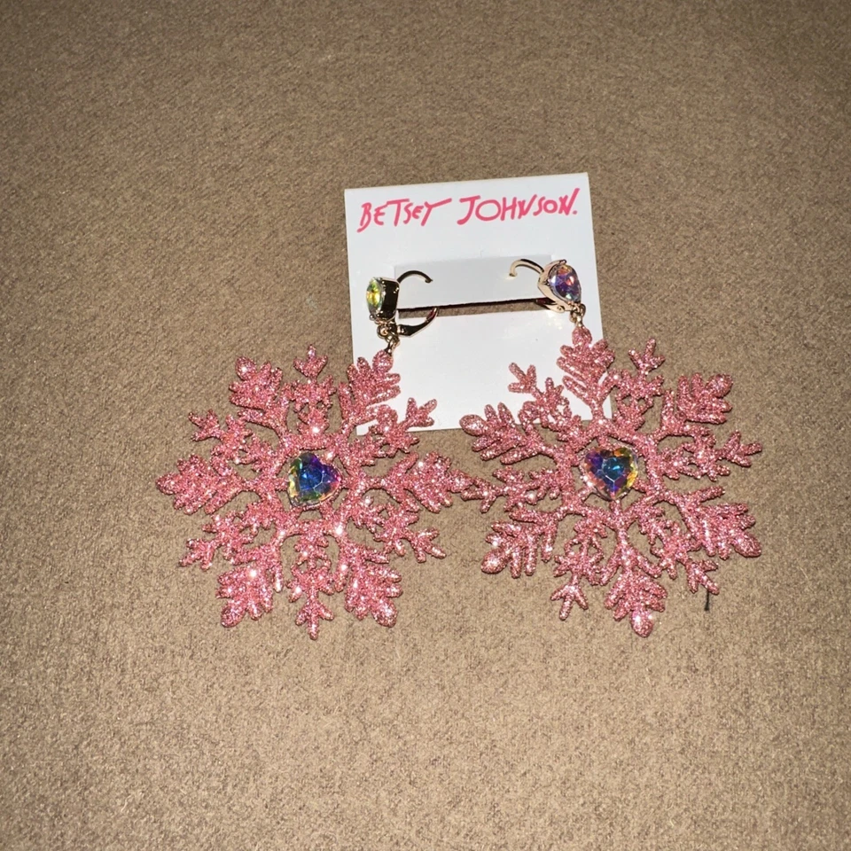 Betsey Johnson Large Pink Snowflake Winter Dangle Earrings Heart Crystal Christm