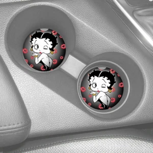 BETTY BOOP WITH RED LIPS PATTERN SANDSTONE CAR COASTERS ABSORBS SET (2)  - Picture 1 of 1