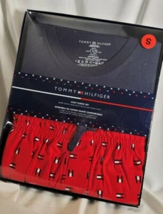 Tommy Hilfiger Fleece Set S Short Sleeve Navy Crew, Red Fleece Pants Pajamas PJs - Picture 1 of 6