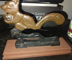 Vintage Cast Iron Metal Squirrel Nut Cracker on Wood Base - Picture 1 of 3