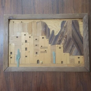 Southwest Architectural Landscape Wood Art Piece Framed 25" x 17" GC Case - Picture 1 of 6