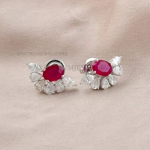 Natural Ruby SI/H Diamond Stud Earrings 18k White Gold July Birthstone 3.80 Ct - Picture 1 of 10