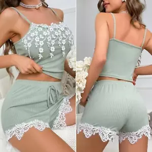 Pajamas for Women Waffle Knit Lounge Sets Cami Tops Shorts Loungewear S-XXL - Picture 1 of 8