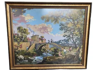 Framed Needlepoint Bridge Brugge Belgium Waterway Leie 1989 Large 36x30 Country - Picture 1 of 13