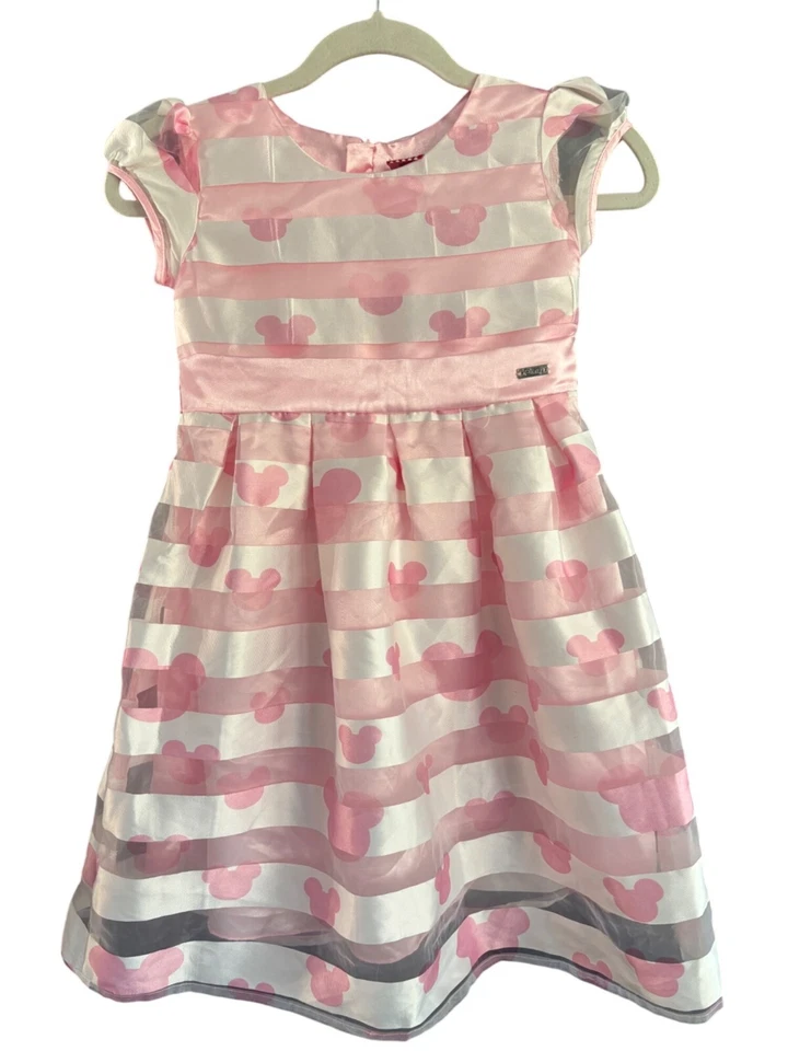 Disney Minnie Mouse Girls Pink & White Dress 7-8 Yrs Satin Striped Party Casual - Image 1 of 4