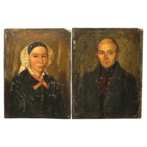 Paar antike Portraits auf Blech, Mann & Frau, um 1860 - Bild 1 von 8