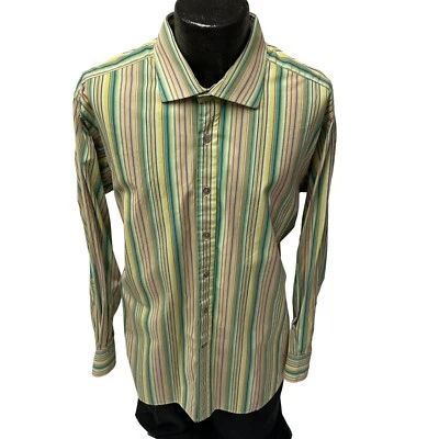 Camisa de vestir Ike Behar ajuste verde arco iris caramelo rayas cuello extendido Pascua Foto 1 de 4
