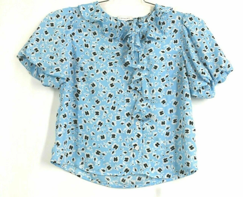 Topshop Tea Top 6 Ruffle Button Front Bubble Sleeve Blue Floral Print Womens
