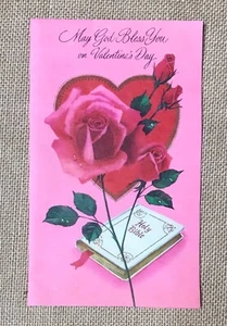 Vintage Valentines Day Card Rose Heart Holy Bible Religious Junk Journaling - Picture 1 of 5