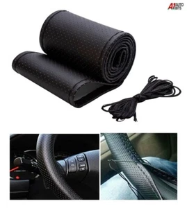 Black DIY Pu Leather Car Perforated Steering Wheel Cover With Needle & Thread - Picture 1 of 7
