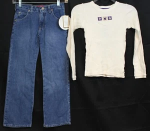 NWT OskKosh 2pc Genuine Girl Outfit sz 7 Jeans Long Sleeve Ribbed Flower Shirt - Picture 1 of 15