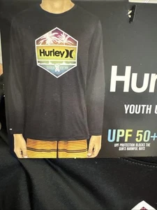 Hurley Youth Boy's UPF 50+ H2O Dri Fit Long Sleeve Rash Guard Swim Top Black 7/8 - Picture 1 of 2