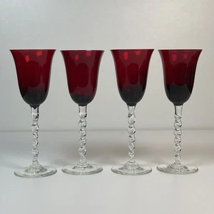 Set of 4 Ruby Red Cordial Liqueur Glasses Twisted Clear Stem Bohemian Czech 6.5” - Picture 1 of 8
