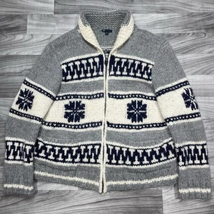 Gap Hand Knit Cowichan Sweater Mens XL Fair Isle Wool Cardigan Ski Snowflake - Picture 1 of 6