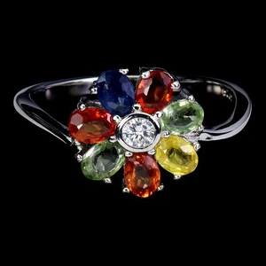 925 Sterling Silver Ring Oval Sapphire 4x3mm Flower Natural Gemstone Jewelry 7.5 - Picture 1 of 14