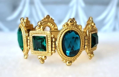 Brazalete etrusco Ben-Amun facetado azul verde chapado en oro 6,5" tamaño pequeño B83 Foto 1 de 4