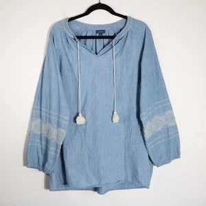 J Jill Denim Chambray Top Womens 2X Embroidered Tassel Boho Lagenlook Peasant - Picture 1 of 6
