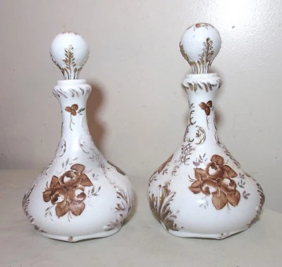 pair of antique hand painted ornate milk glass barber cologne bottle decanter  - Image 1 of 4