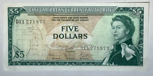 1965 East Caribbean 5 Five Dollars, Elizabeth, QEII, Fish & Palm trees - Picture 1 of 2