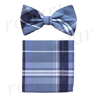 Nuevo Para Hombre Microfibra Pre-atado Pajarita y Pañuelo Azul Cuadros y Cuadros Formal  Foto 1 de 3