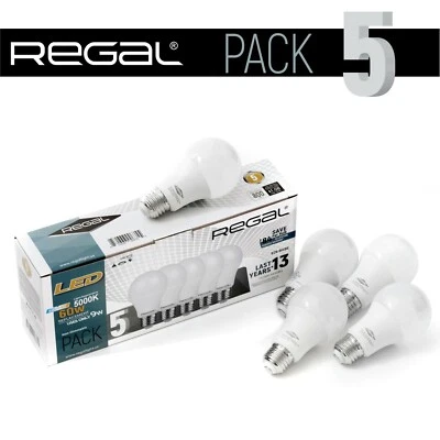 5 Pack Non-Dimmable Regal LED 5000K 60W Equivalent 9W Daylight A19 E26 Bulbs - Image 1 of 4