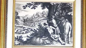 VINTAGE ENGRAVING ON WHITE MARBLE DEPICTS OF OLD MASTER PAINTING"HUNTING SCENE" - Picture 1 of 10