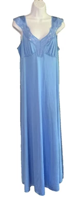 Vtg Vanity Fair Nightgown Long Blue Silky Nylon Lace Wide Strap V Neck USA  Sz M - Image 1 of 4