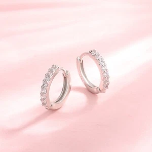 Shiny 925 Sterling Silver CZ Crystal Hoop Circle Huggie Earrings Women Girl Gift - Picture 1 of 10