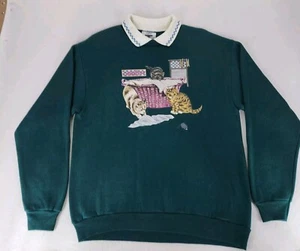 Vintage Sweatshirt Laundry Kitten Grandmacore Crew Neck Collared Granny Medium  - Picture 1 of 9