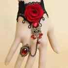 Gothic/Goth black lace cuff bracelet with finger ring dress jewellery