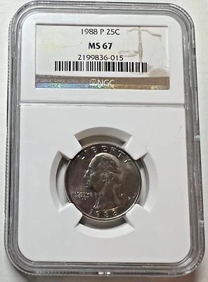 1988 P Washington Quarter  25C NGC MS 67  *Tied for highest NGC Graded 5/1/25* - Image 1 of 4