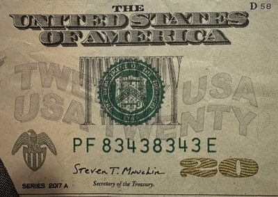 REPEATER Set Of 4 & TRINARY PF83438343E $20 Twenty dollar Bill  Serial Number - Image 1 of 3