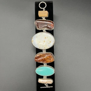 Vintage Sterling & Mixed Gemstone Bracelet Golden Beryl Amber Jasper Turquoise - Picture 1 of 15