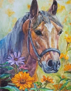 Summer Horse, Original Watercolor painting, Animal,Contemporary, Size 10"x13",US - Bild 1 von 2