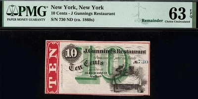 1860 10c J Gunnings Restaurant New York NY • Obsolete Rare High Grade PMG 63 EPQ - Image 1 of 2