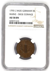 1793 Germania Magonza Assedio 2 Sols Monetazione KM#601 AU-58 BN NGC Cert RARO! - Foto 1 di 4