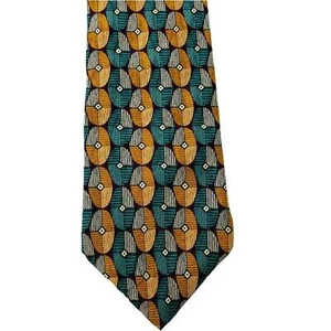 Bill Blass Men's Neck Tie Oval Geometric Beige Green Black 100% Silk - Picture 1 of 2